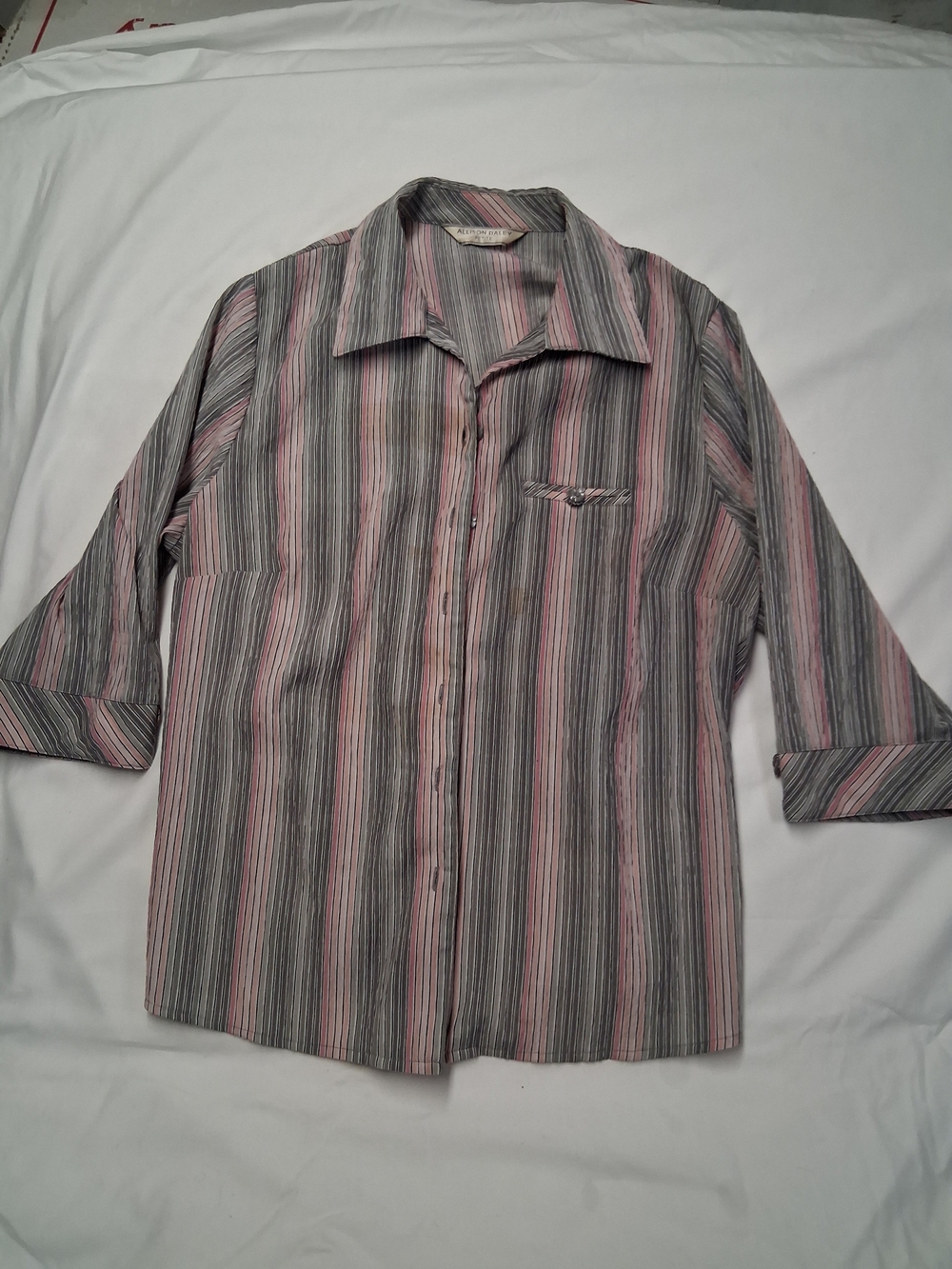 Allison Daley Pink and Gray Striped Women's Button-Up Blouse